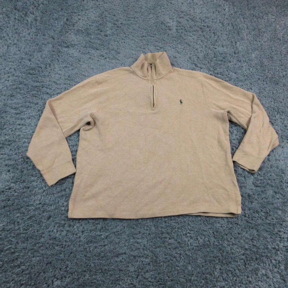 Polo Ralph Lauren Sweater Mens Large Beige Cotton Mock Neck 1/4 Zip Logo